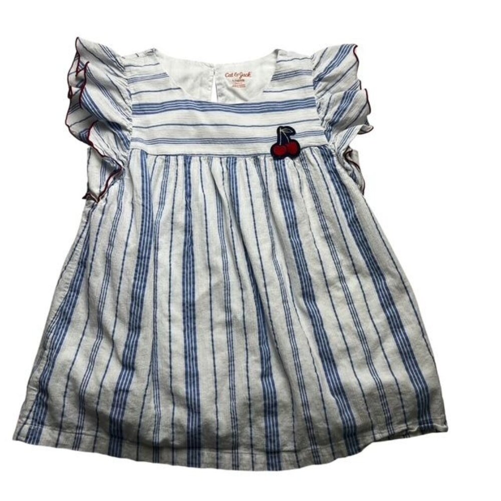 Cat & Jack Blue and White Striped Cherry Applique Sleeveless Top 10/12